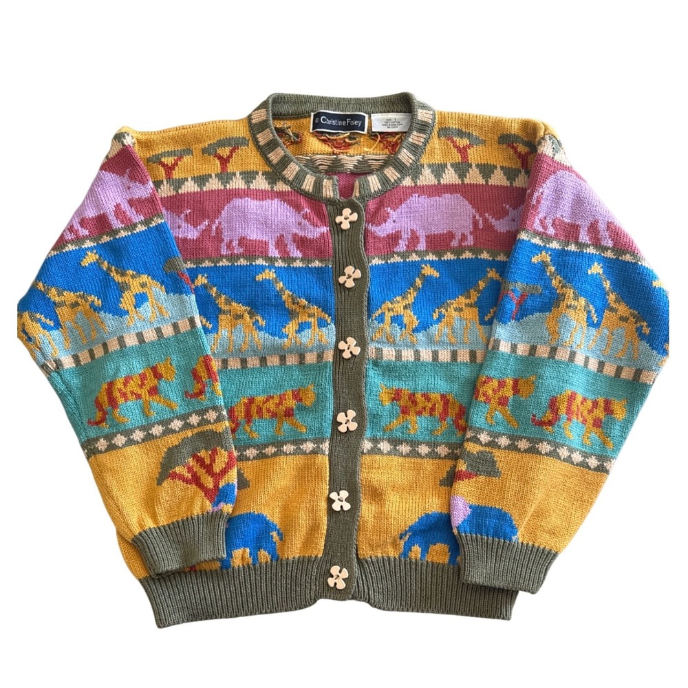 Christine Foley Vintage Safari Animal Intarsia Cotton Cardigan Sweater Size 1